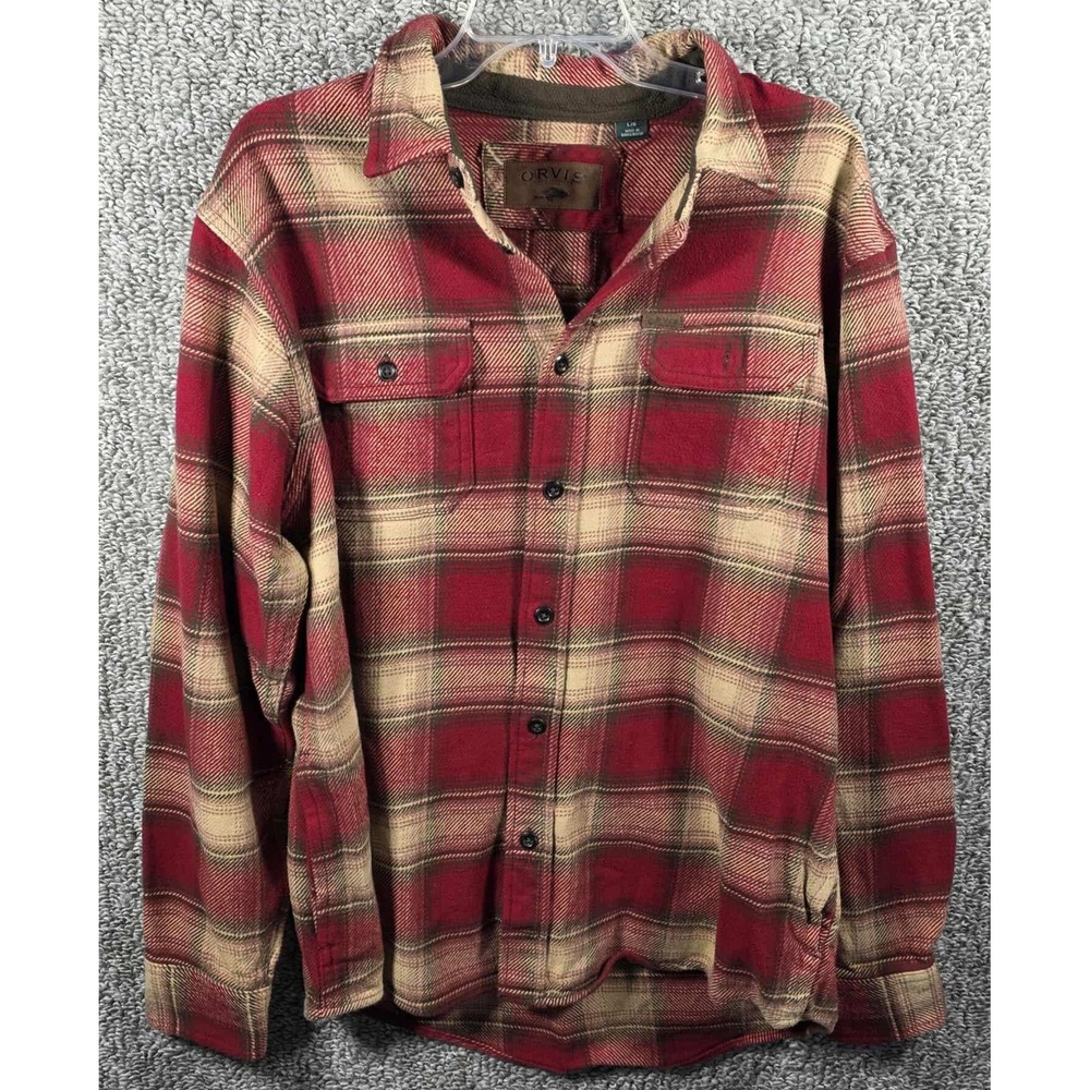 Orvis Plaid Flannel Button Down Shirt Red‎ Brown Mens Size Large